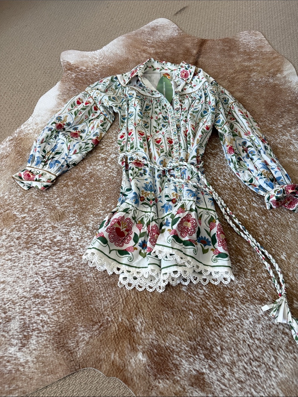 FARM Rio Cream Floral Lace-Trim Tunic with Multicolor Print